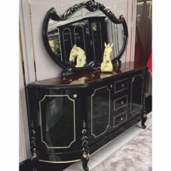 Casa Padrino Luxus Barock Sideboard mit Spiegel Schwarz / Dunkelbraun / Gold - Handgefertigte Barock Möbel