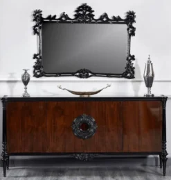 Casa Padrino Luxus Barock Sideboard mit Wandspiegel Schwarz / Dunkelbraun - Barock Möbel
