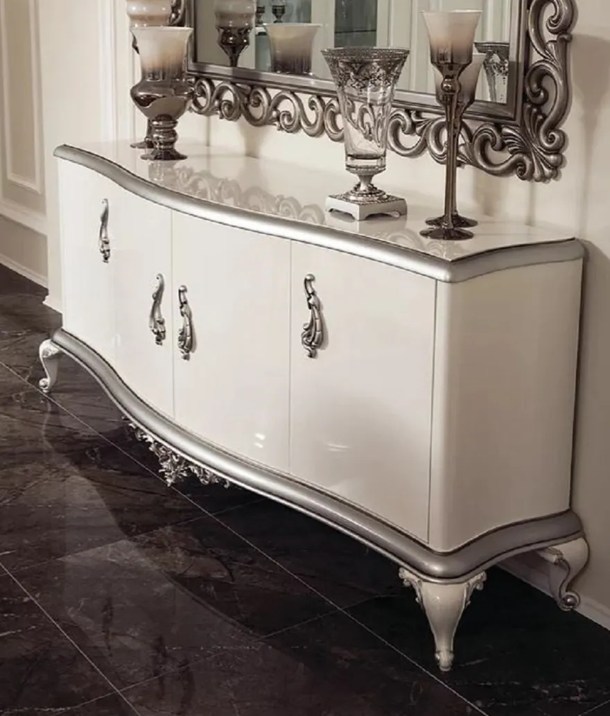 Casa Padrino Luxus Barock Sideboard Weiß / Silber 207 x 54 x H. 90 cm - Edler Massivholz Schrank mit 4 Türen - Möbel im Barockstil
