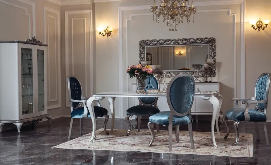 Casa Padrino Luxus Barock Sideboard Weiß / Silber 207 x 54 x H. 90 cm - Edler Massivholz Schrank mit 4 Türen - Möbel im Barockstil
