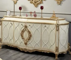 Casa Padrino Luxus Barock Sideboard Weiß / Antik Gold - Prunkvoller Massivholz Schrank mit 4 Türen und 2 Schubladen - Barock Möbel