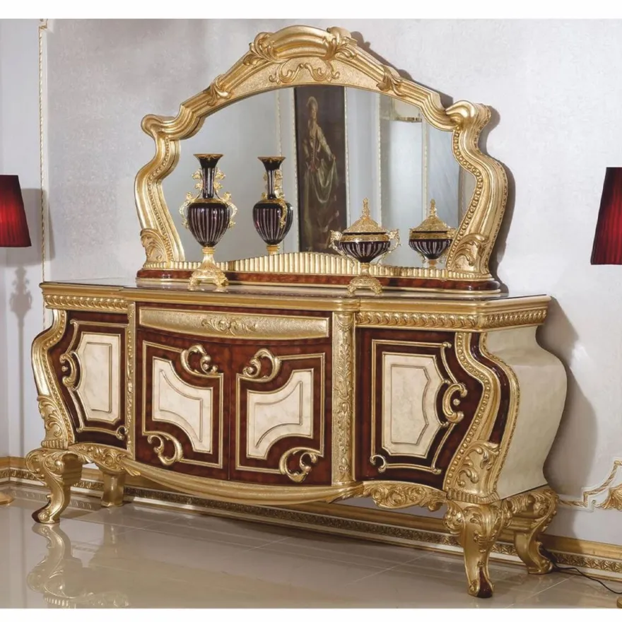 Casa Padrino Luxus Barock Sideboard mit Spiegel Weiß / Braun / Gold - Barockstil Möbel