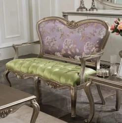 Casa Padrino Luxus Barock Sitzbank Lila / Grün / Silber 125 x 60 x H. 103 cm - Wohnzimmer Bank mit Blumenmuster - Barock Wohnzimmer Möbel - Edel & Prunkvoll