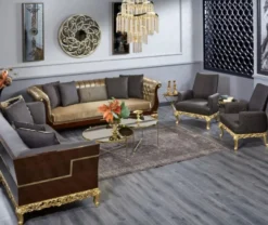 Casa Padrino Luxus Barock Sofa Grau / Dunkelbraun / Gold - Prunkvolles Wohnzimmer Sofa - Barockstil Wohnzimmer Möbel - Luxus Möbel im Barockstil - Barock Einrichtung - Edel & Prunkvoll