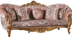 Casa Padrino Luxus Barock Sofa Rosa / Gold 220 x 90 x H. 110 cm - Prunkvolles Wohnzimmer Sofa mit Glitzersteinen und dekorativen Kissen