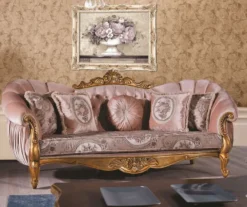 Casa Padrino Luxus Barock Sofa Rosa / Gold 220 x 90 x H. 110 cm - Prunkvolles Wohnzimmer Sofa mit Glitzersteinen und dekorativen Kissen