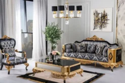 Casa Padrino Luxus Barock Sofa Blau / Schwarz / Gold - Prunkvolles Wohnzimmer Sofa - Barockstil Wohnzimmer Möbel - Luxus Möbel im Barockstil - Barock Wohnzimmer Einrichtung