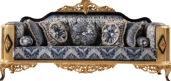 Casa Padrino Luxus Barock Sofa Blau / Schwarz / Gold - Prunkvolles Wohnzimmer Sofa - Barockstil Wohnzimmer Möbel - Luxus Möbel im Barockstil - Barock Wohnzimmer Einrichtung