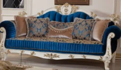 Casa Padrino Luxus Barock Sofa Blau / Braun / Weiß / Gold - Prunkvolles Wohnzimmer Sofa mit elegantem Muster - Barockstil Wohnzimmer Möbel - Luxus Möbel im Barockstil - Barock Einrichtung