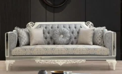 Casa Padrino Luxus Barock Sofa Grau / Beige / Weiß - Prunkvolles Wohnzimmer Sofa mit dekorativen Kissen - Barock Wohnzimmer Möbel