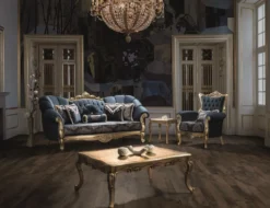 Casa Padrino Luxus Barock Sofa Blau / Gold 220 x 90 x H. 110 cm - Prunkvolles Wohnzimmer Sofa mit Glitzersteinen und dekorativen Kissen