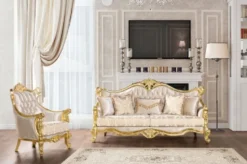 Casa Padrino Luxus Barock Sofa Beige / Gold - Prunkvolles Wohnzimmer Sofa mit Muster - Barock Wohnzimmer Möbel - Edel & Prunkvoll