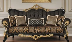 Casa Padrino Luxus Barock Sofa Schwarz / Gold 230 x 80 x H. 126 cm - Prunkvolles Wohnzimmer Sofa mit elegantem Muster und dekorativen Kissen - Barock Wohnzimmer Möbel