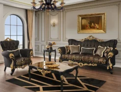 Casa Padrino Luxus Barock Sofa Schwarz / Gold 230 x 80 x H. 126 cm - Prunkvolles Wohnzimmer Sofa mit elegantem Muster und dekorativen Kissen - Barock Wohnzimmer Möbel