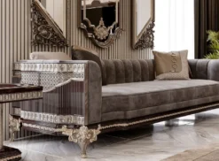 Casa Padrino Luxus Barock Sofa Grau / Dunkelbraun / Gold 265 cm