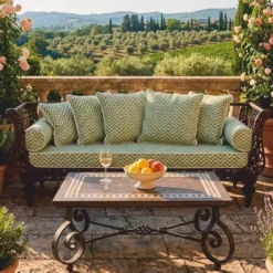 Casa Padrino Luxus Barock Sofa Braun / Grün / Weiß 300 cm - Schmiedeeisen Gartensofa - Barock Hotel & Garten Möbel