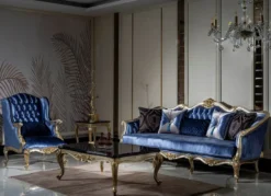 Casa Padrino Luxus Barock Sofa Blau / Silber / Gold - Handgefertigtes Wohnzimmer Sofa mit dekorativen Kissen - Barock Wohnzimmer Möbel