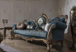 Casa Padrino Luxus Barock Sofa Blau / Gold 260 x 90 x H. 125 cm - Prunkvolles Wohnzimmer Sofa mit elegantem Muster und dekorativen Kissen - Barock Möbel