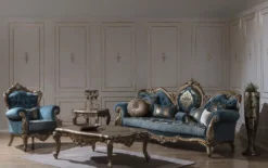 Casa Padrino Luxus Barock Sofa Blau / Gold 260 x 90 x H. 125 cm - Prunkvolles Wohnzimmer Sofa mit elegantem Muster und dekorativen Kissen - Barock Möbel