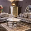 Casa Padrino Luxus Barock Sofa Grau / Blau / Silber 227 x 93 x H. 117 cm - Prunkvolles Wohnzimmer Sofa mit Blumenmuster und dekorativen Kissen - Barock Wohnzimmer Möbel