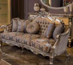 Casa Padrino Luxus Barock Sofa Grau / Blau / Silber 227 x 93 x H. 117 cm - Prunkvolles Wohnzimmer Sofa mit Blumenmuster und dekorativen Kissen - Barock Wohnzimmer Möbel