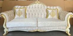 Casa Padrino Luxus Barock Sofa Silber / Creme / Gold - Barockstil Wohnzimmer Sofa mit Glitzersteinen - Luxus Wohnzimmer Möbel im Barockstil - Barock Möbel - Barock Einrichtung
