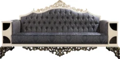 Casa Padrino Luxus Barock Sofa Blau / Weiß / Schwarz / Gold - Barockstil Wohnzimmer Sofa mit elegantem Muster - Luxus Wohnzimmer Möbel im Barockstil - Barock Möbel - Barock Einrichtung