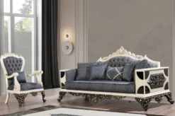 Casa Padrino Luxus Barock Sofa Blau / Weiß / Schwarz / Gold - Barockstil Wohnzimmer Sofa mit elegantem Muster - Luxus Wohnzimmer Möbel im Barockstil - Barock Möbel - Barock Einrichtung