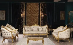 Casa Padrino Luxus Barock Sofa Beige / Gold - Prunkvolles Wohnzimmer Sofa mit Muster - Prunkvolle Barock Wohnzimmer Möbel