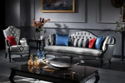 Casa Padrino Luxus Barock Sofa Silber / Schwarz 250 x 92 x H. 103 cm - Prunkvolles Wohnzimmer Sofa im Barockstil