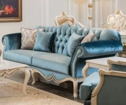 Casa Padrino Luxus Barock Sofa Blau / Weiß 225 x 87 x H. 101 cm - Wohnzimmer Sofa mit dekorativen Kissen - Wohnzimmer Möbel im Barockstil
