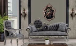 Casa Padrino Luxus Barock Sofa Grau / Blau / Silber / Bronze 230 x 90 x H. 135 cm - Prunkvolles Massivholz Wohnzimmer Sofa mit elegantem Muster und dekorativen Kissen - Barock Wohnzimmer Möbel