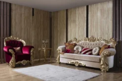 Casa Padrino Luxus Barock Sofa Beige / Gold 244 x 95 x H. 123 cm - Prunkvolles Wohnzimmer Sofa mit dekorativen Kissen - Barock Wohnzimmer Möbel