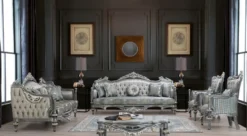 Casa Padrino Luxus Barock Sofa Silber / Türkis / Gold 248 x 96 x H. 118 cm - Prunkvolles Massivholz Wohnzimmer Sofa mit elegantem Muster und dekorativen Kissen - Barock Wohnzimmer Möbel