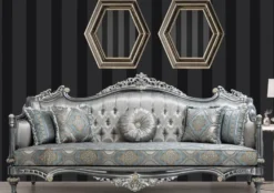 Casa Padrino Luxus Barock Sofa Silber / Türkis / Gold 248 x 96 x H. 118 cm - Prunkvolles Massivholz Wohnzimmer Sofa mit elegantem Muster und dekorativen Kissen - Barock Wohnzimmer Möbel