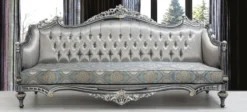 Casa Padrino Luxus Barock Sofa Silber / Türkis / Gold 248 x 96 x H. 118 cm - Prunkvolles Massivholz Wohnzimmer Sofa mit elegantem Muster und dekorativen Kissen - Barock Wohnzimmer Möbel