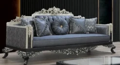 Casa Padrino Luxus Barock Sofa Blau / Grau / Weiß / Schwarz / Silber - Prunkvolles Wohnzimmer Sofa mit elegantem Muster - Barock Wohnzimmer & Hotel Möbel - Edel & Prunkvoll