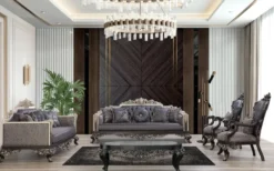 Casa Padrino Luxus Barock Sofa Blau / Grau / Weiß / Schwarz / Silber - Prunkvolles Wohnzimmer Sofa mit elegantem Muster - Barock Wohnzimmer & Hotel Möbel - Edel & Prunkvoll