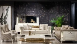 Casa Padrino Luxus Barock Sofa Grau / Weiß / Gold - Beleuchtetes Wohnzimmer Sofa im Barockstil - Barock Wohnzimmer Möbel - Edel & Prunkvoll