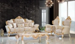 Casa Padrino Luxus Barock Sofa Creme / Weiß / Gold 230 x 95 x H. 130 cm - Handgefertigtes Wohnzimmer Sofa mit elegantem Muster - Barock Wohnzimmer Möbel - Edel & Prunkvoll