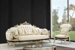 Casa Padrino Luxus Barock Sofa Creme / Beige / Dunkelbraun / Silber / Gold 260 x 90 x H. 125 cm - Prunkvolles Barockstil Wohnzimmer Sofa mit elegantem Muster - Barock Möbel