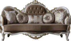 Casa Padrino Luxus Barock Sofa Braun / Weiß / Gold 220 x 80 x H. 124 cm - Prunkvolles Wohnzimmer Sofa mit dekorativen Kissen - Barock Möbel