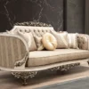 Casa Padrino Luxus Barock Sofa Beige / Cremefarben / Braun / Gold - Prunkvolles Wohnzimmer Sofa mit elegantem Muster - Barock Wohnzimmer Möbel