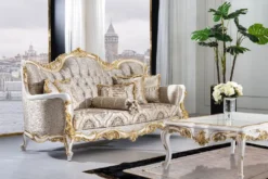 Casa Padrino Luxus Barock Sofa Silber / Beige / Schwarz / Weiß / Gold - Prunkvolles Wohnzimmer Sofa mit Glitzersteinen - Barockstil Wohnzimmer Möbel - Luxus Möbel im Barockstil - Barock Einrichtung