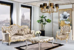Casa Padrino Luxus Barock Sofa Silber / Beige / Schwarz / Weiß / Gold - Prunkvolles Wohnzimmer Sofa mit Glitzersteinen - Barockstil Wohnzimmer Möbel - Luxus Möbel im Barockstil - Barock Einrichtung