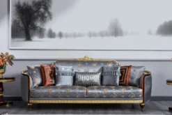 Casa Padrino Luxus Barock Sofa Blau / Dunkelbraun / Gold - Prunkvolles Wohnzimmer Sofa - Barockstil Wohnzimmer Möbel - Luxus Möbel im Barockstil - Barock Einrichtung - Edel & Prunkvoll