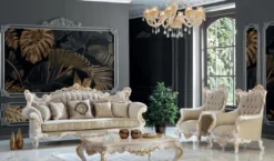 Casa Padrino Luxus Barock Sofa Greige / Weiß / Gold 230 x 95 x H. 130 cm - Handgefertigtes Wohnzimmer Sofa mit elegantem Muster - Barock Wohnzimmer Möbel - Edel & Prunkvoll