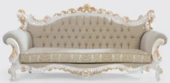 Casa Padrino Luxus Barock Sofa Greige / Weiß / Gold 230 x 95 x H. 130 cm - Handgefertigtes Wohnzimmer Sofa mit elegantem Muster - Barock Wohnzimmer Möbel - Edel & Prunkvoll