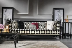Casa Padrino Luxus Barock Sofa Weiß / Schwarz 240 x 96 x H. 83 cm - Wohnzimmer Sofa mit elegantem Muster - Edel & Prunkvoll
