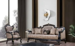 Casa Padrino Luxus Barock Sofa Grau / Blau / Gold - Barockstil Wohnzimmer Sofa mit elegantem Muster - Luxus Wohnzimmer Möbel im Barockstil - Barock Möbel - Barock Einrichtung